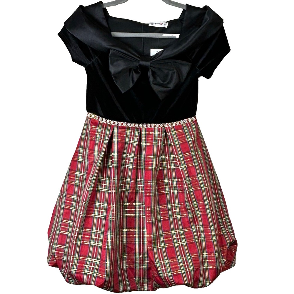 New KNIT WORKS GIRLS 14 Holiday DRESS BLACK VELVET RED PLAID bubble SKIRT Bow